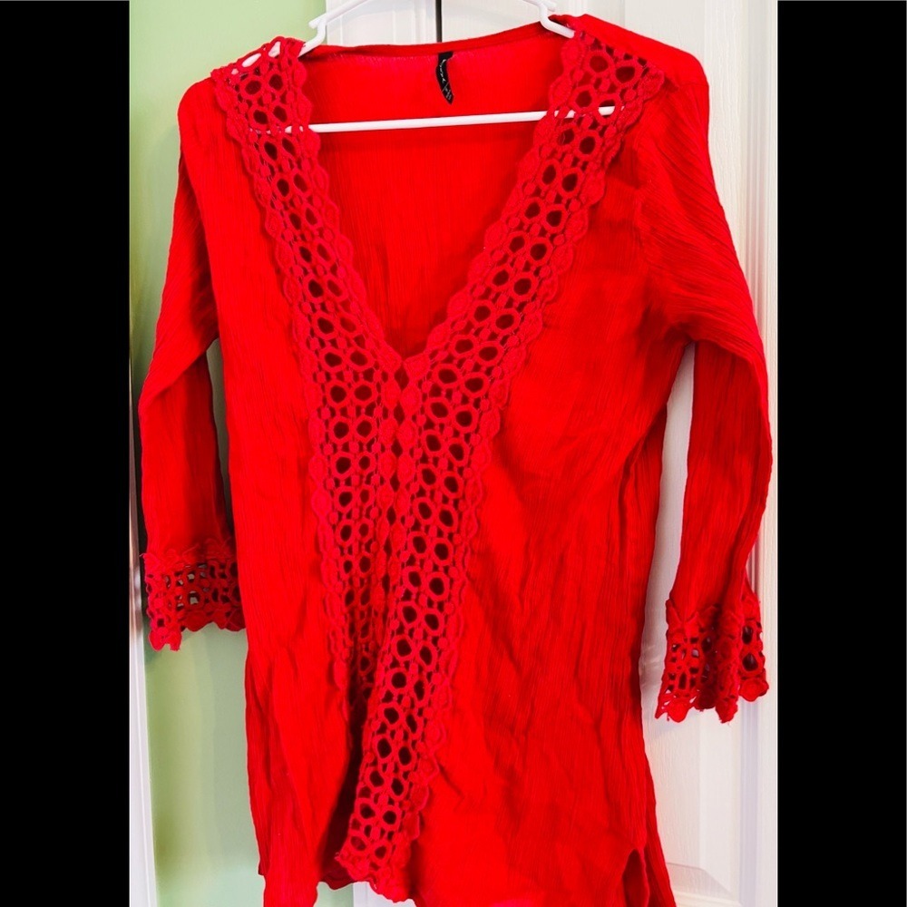 Raviya Red Crochet‎ Trim V-Neck Swim Cover Up Tunic Small